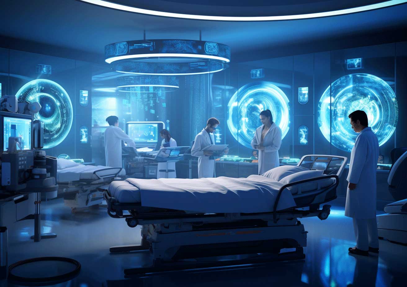 A futuristic medical room with a bed and monitors.