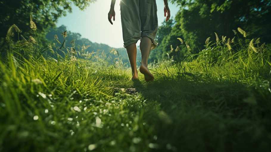 A woman walking through a grassy field.