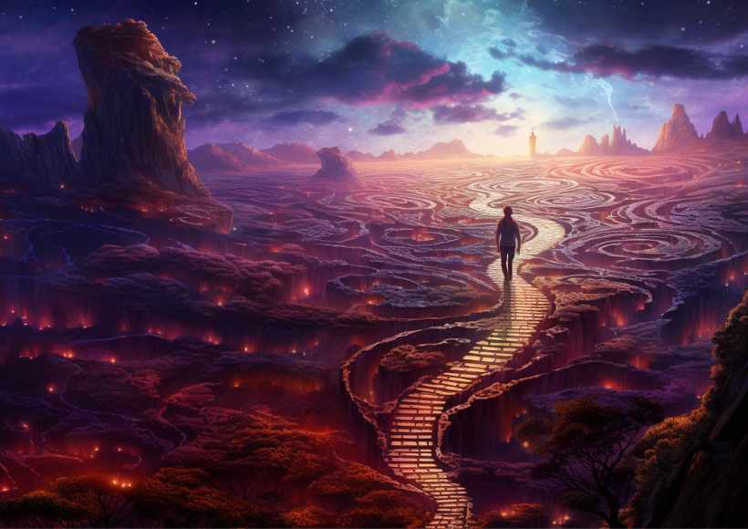 A man is standing on a path in the middle of a fantasy landscape.