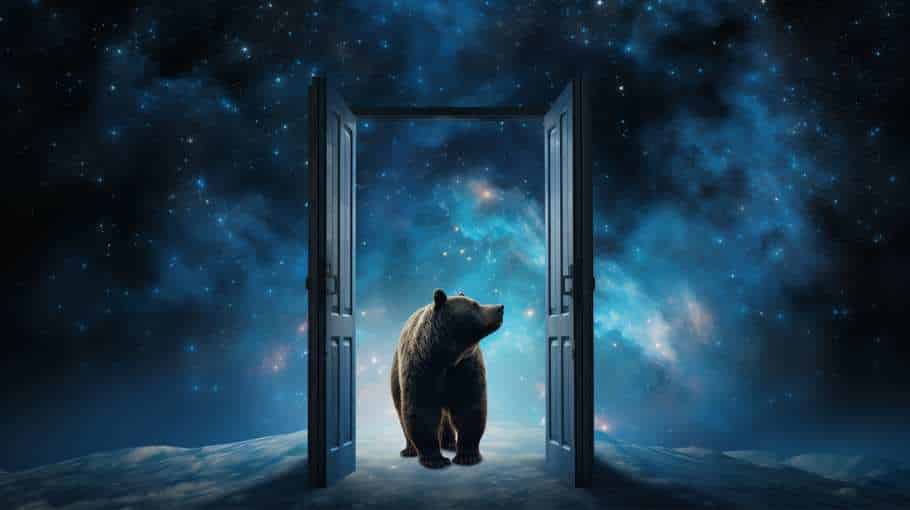 A bear looking out of an open door in the night sky.