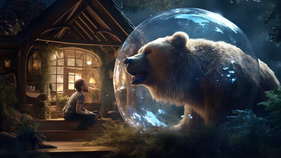 A bear in a glass bubble sitting in front of a house.