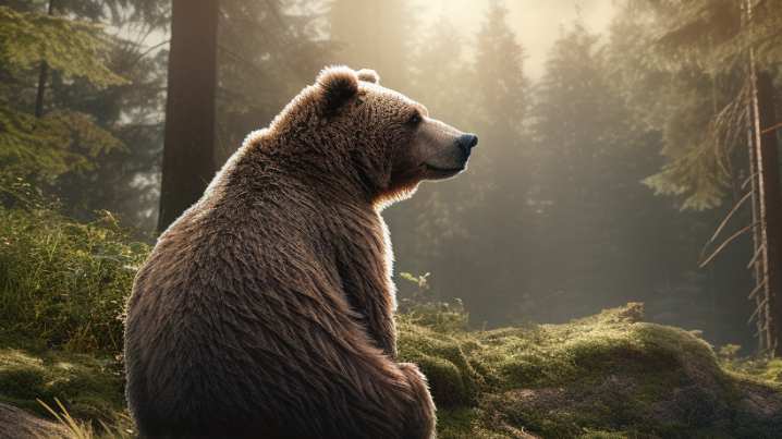 A brown bear is sitting on a rock in the forest.