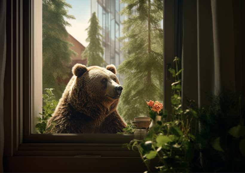 A brown bear looking out of a window.