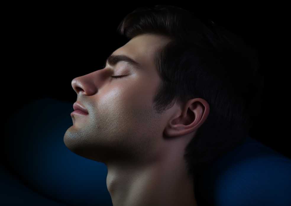 A man sleeping with his eyes closed on a blue pillow.