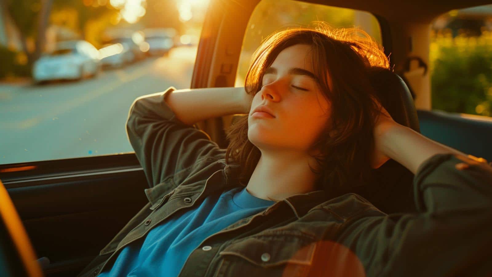 A young woman is sitting in a car with her head resting on her head.