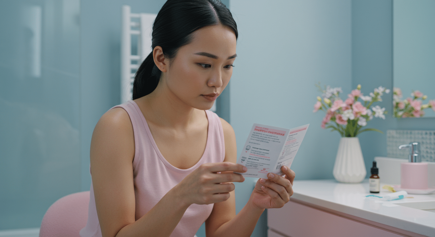 Thoughtful woman, reviewing tampon instructions and safety precautions with focused attention, modern bathroom featuring elegant decor with soft pastel tones, shot in the style of Annie Leibovitz, close-up shot