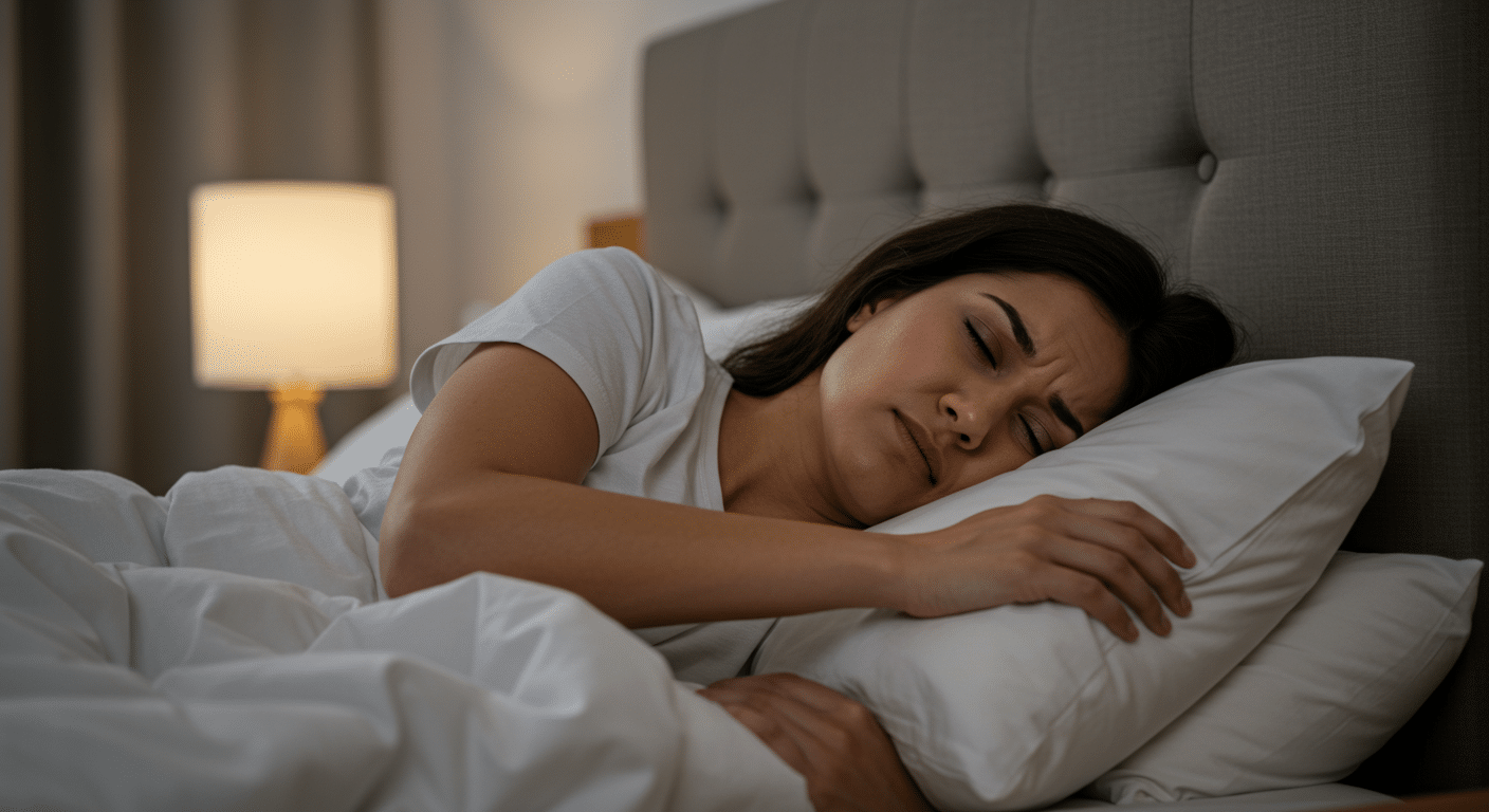 Woman with a pained expression, adjusting pillow to support her shoulder while lying in bed, softly designed bedroom with soothing decor, shot in the style of Ansel Adams, close-up shot